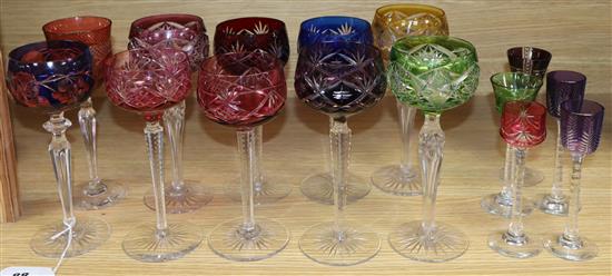 Ten hock glasses, with variously coloured bowls and 5 smaller